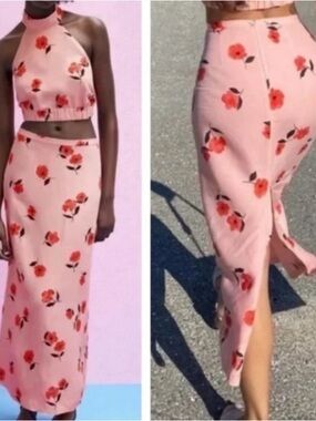 Zara Womens Pink Red Floral Poppy Maxi Skirt Slit Linen Zip Close A-Line  L